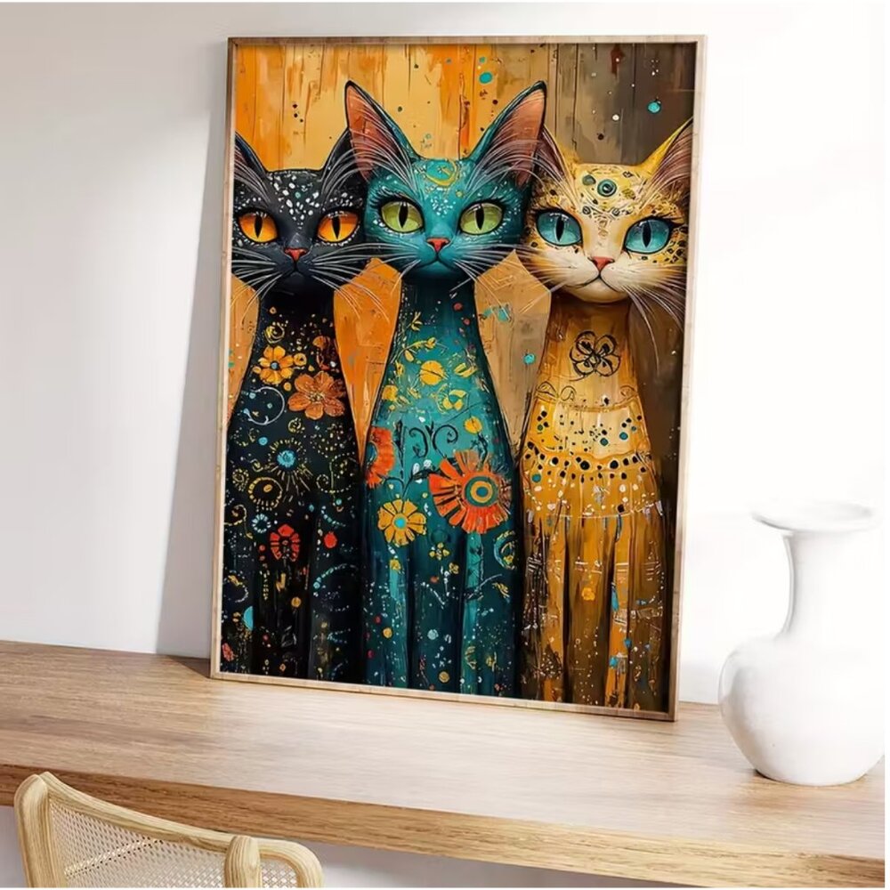 Cat Trio Long-Neck Cat Canvas Print Whimsical Unframed Floral & Folk Art Pattern - Picture 4 of 6